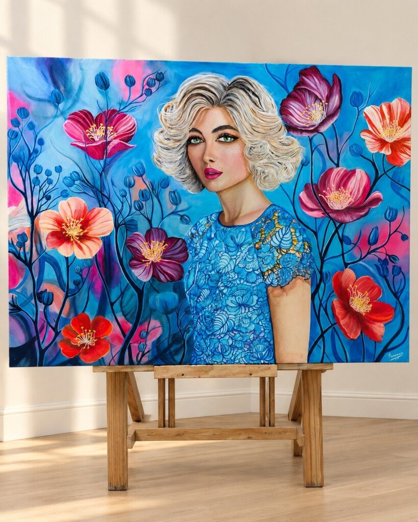 BLENDED by Sumana Burman, an original contemporary realism portrait painting of a woman surrounded by vivid flowers, displayed on a wooden easel.