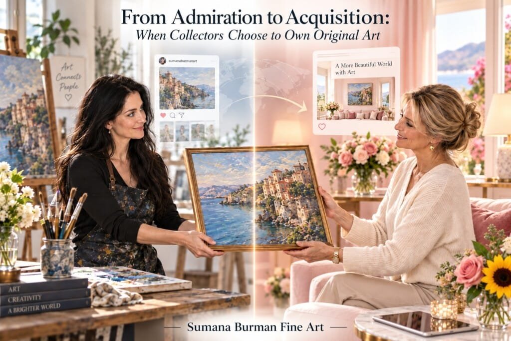 Artist and collector connected across a world map through the internet, illustrating how owning original art can begin with global digital discovery and progress from admiration to acquisition. Original Infographic & Blog by Sumana Burman