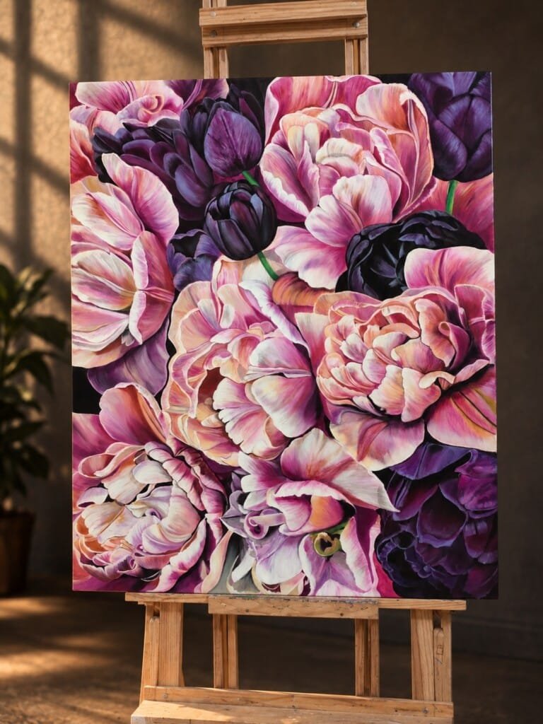 Original botanical realism painting by Sumana Burman, Wavelength, featuring layered pink, blush and deep purple tulips, displayed on a wooden easel.