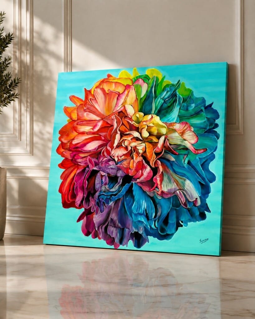 CHROMATIC RESOLVE by Sumana Burman, an original contemporary realism painting of a vibrant rainbow-colored peony displayed in a refined interior.