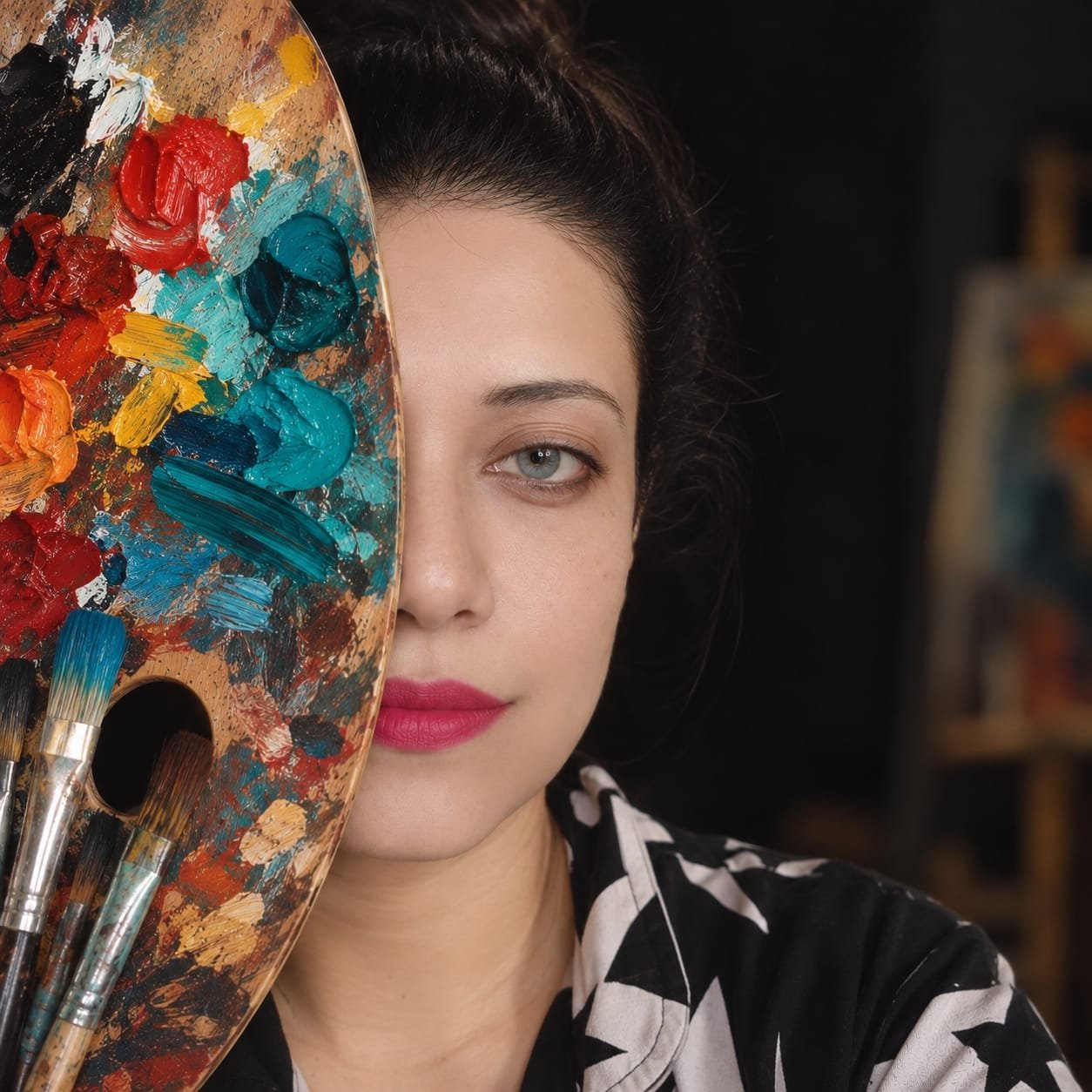 Contemporary realism artist Sumana Burman holding a paint palette in her studio