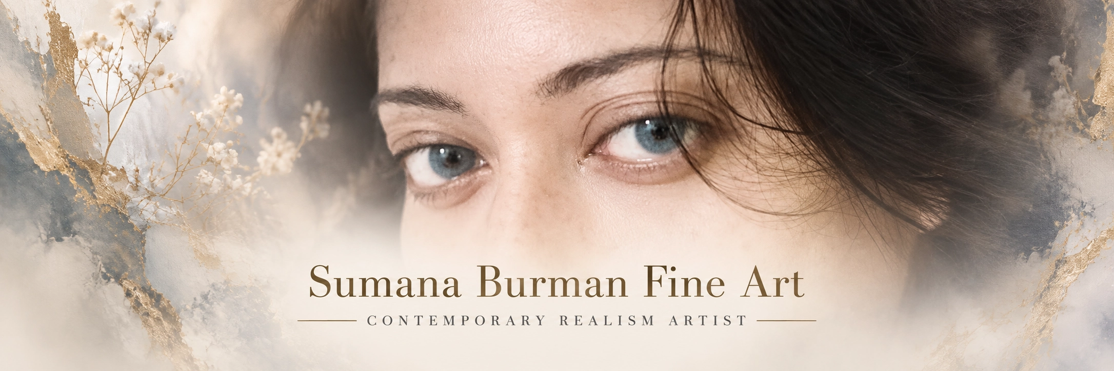 Close-up of contemporary realism artist Sumana Burman’s blue eyes with Sumana Burman Fine Art branding